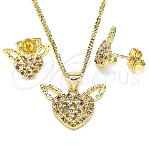 Juego de Arete y Dije de Adulto 10.156.0318.1 Oro Laminado, Diseño de Corazón, con Granate and Blanca Micro Pave, Pulido, Tono Dorado