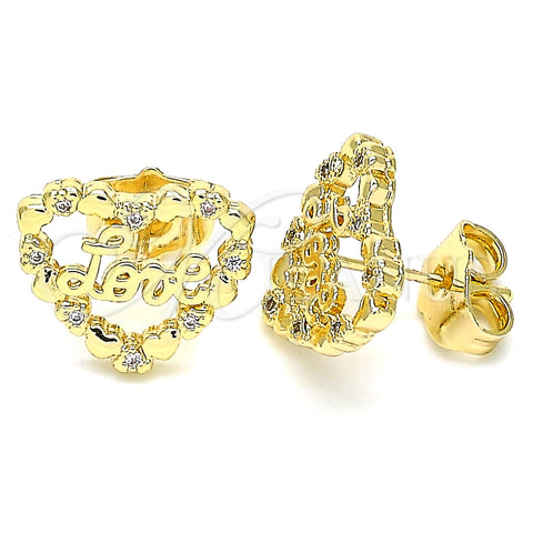 Arete Dormilona 02.156.0516 Oro Laminado, Diseño de Corazón y Amor, con Blanca Micro Pave, Pulido, Tono Dorado