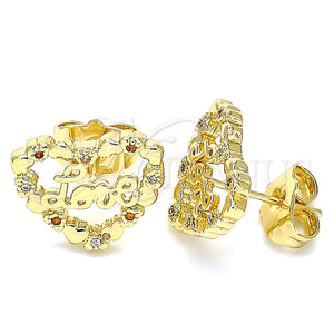 Arete Dormilona 02.156.0516.1 Oro Laminado, Diseño de Corazón y Amor, con Granate and Blanca Micro Pave, Pulido, Tono Dorado