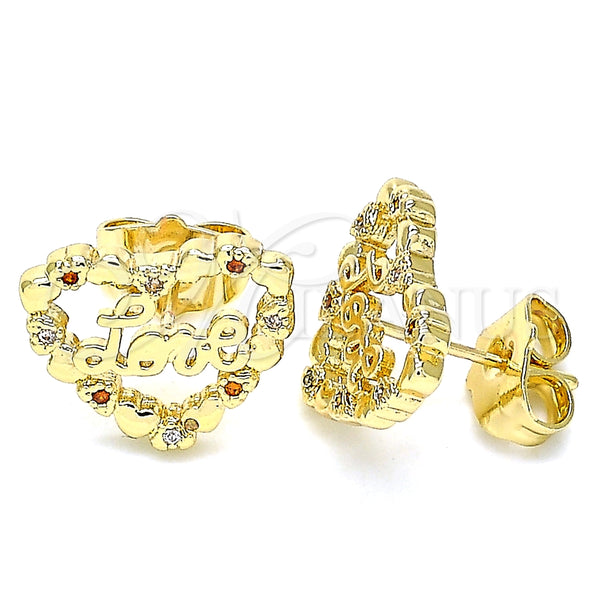 Arete Dormilona 02.156.0516.1 Oro Laminado, Diseño de Corazón y Amor, con Granate and Blanca Micro Pave, Pulido, Tono Dorado