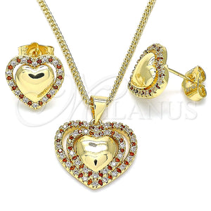 Juego de Arete y Dije de Adulto 10.156.0321.1 Oro Laminado, Diseño de Corazón, con Granate and Blanca Micro Pave, Pulido, Tono Dorado