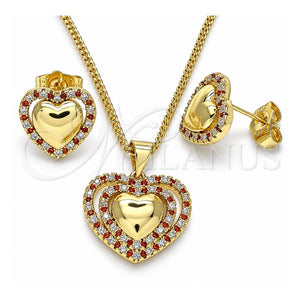 Juego de Arete y Dije de Adulto 10.156.0321.1 Oro Laminado, Diseño de Corazón, con Granate and Blanca Micro Pave, Pulido, Tono Dorado