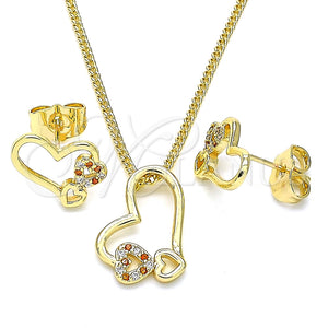 Juego de Arete y Dije de Adulto 10.156.0322.1 Oro Laminado, Diseño de Corazón, con Granate and Blanca Micro Pave, Pulido, Tono Dorado