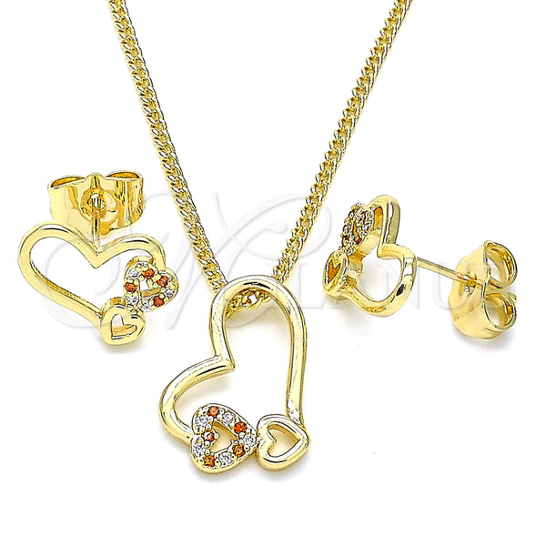 Juego de Arete y Dije de Adulto 10.156.0322.1 Oro Laminado, Diseño de Corazón, con Granate and Blanca Micro Pave, Pulido, Tono Dorado