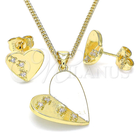 Juego de Arete y Dije de Adulto 10.156.0323 Oro Laminado, Diseño de Corazón, con Blanca Zirconia Cubica, Pulido, Tono Dorado