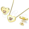 Juego de Arete y Dije de Adulto 10.156.0329.1 Oro Laminado, Diseño de Corazón, con Granate and Blanca Micro Pave, Pulido, Tono Dorado