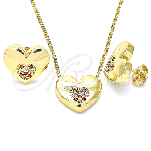 Juego de Arete y Dije de Adulto 10.156.0329.1 Oro Laminado, Diseño de Corazón, con Granate and Blanca Micro Pave, Pulido, Tono Dorado