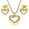 Juego de Arete y Dije de Adulto 10.156.0330.1 Oro Laminado, Diseño de Corazón, con Granate and Blanca Micro Pave, Pulido, Tono Dorado