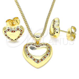 Juego de Arete y Dije de Adulto 10.156.0330.1 Oro Laminado, Diseño de Corazón, con Granate and Blanca Micro Pave, Pulido, Tono Dorado