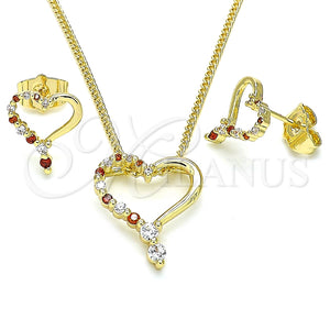 Juego de Arete y Dije de Adulto 10.156.0331.1 Oro Laminado, Diseño de Corazón, con Granate and Blanca Zirconia Cubica, Pulido, Tono Dorado