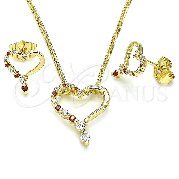 Juego de Arete y Dije de Adulto 10.156.0331.1 Oro Laminado, Diseño de Corazón, con Granate and Blanca Zirconia Cubica, Pulido, Tono Dorado
