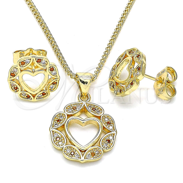 Juego de Arete y Dije de Adulto 10.156.0295.1 Oro Laminado, Diseño de Corazón, con Granate and Blanca Micro Pave, Pulido, Tono Dorado