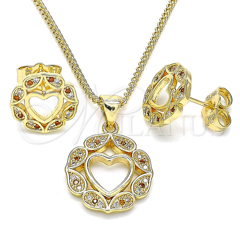 Juego de Arete y Dije de Adulto 10.156.0295.1 Oro Laminado, Diseño de Corazón, con Granate and Blanca Micro Pave, Pulido, Tono Dorado
