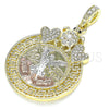 Dije Religioso 05.380.0017 Oro Laminado, Diseño de Moneda Centenario y Angel, con Cristal Blanca y Negro, Pulido, Tres Tonos