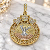 Dije Religioso 05.380.0017 Oro Laminado, Diseño de Moneda Centenario y Angel, con Cristal Blanca y Negro, Pulido, Tres Tonos