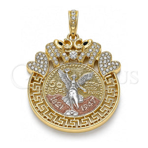 Dije Religioso 05.380.0018 Oro Laminado, Diseño de Moneda Centenario y Angel, con Cristal Blanca y Negro, Pulido, Tres Tonos