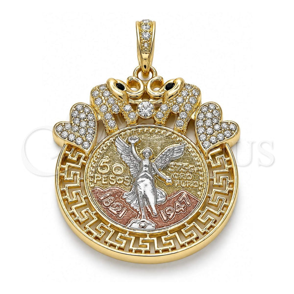 Dije Religioso 05.380.0018 Oro Laminado, Diseño de Moneda Centenario y Angel, con Cristal Blanca y Negro, Pulido, Tres Tonos