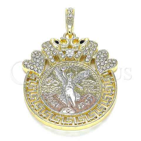 Dije Religioso 05.380.0018 Oro Laminado, Diseño de Moneda Centenario y Angel, con Blanca and Negro Cristal, Pulido, Tres Tonos