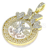 Dije Religioso 05.380.0020 Oro Laminado, Diseño de Moneda Centenario y Angel, con Blanca Cristal, Pulido, Tres Tonos