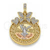 Dije Religioso 05.380.0020 Oro Laminado, Diseño de Moneda Centenario y Angel, con Cristal Blanca, Pulido, Tres Tonos