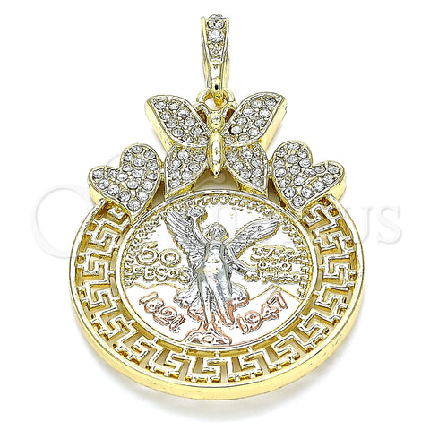 Dije Religioso 05.380.0020 Oro Laminado, Diseño de Moneda Centenario y Angel, con Blanca Cristal, Pulido, Tres Tonos
