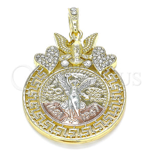 Dije Religioso 05.380.0021 Oro Laminado, Diseño de Moneda Centenario y Angel, con Blanca Cristal, Pulido, Tres Tonos
