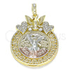 Dije Religioso 05.380.0021 Oro Laminado, Diseño de Moneda Centenario y Angel, con Blanca Cristal, Pulido, Tres Tonos