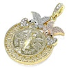 Dije Religioso 05.380.0022 Oro Laminado, Diseño de Moneda Centenario y Angel, con Blanca and Negro Cristal, Pulido, Tres Tonos