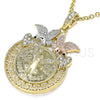 Dije Religioso 05.380.0022 Oro Laminado, Diseño de Moneda Centenario y Angel, con Blanca and Negro Cristal, Pulido, Tres Tonos