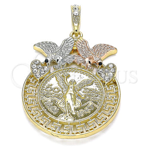 Dije Religioso 05.380.0022 Oro Laminado, Diseño de Moneda Centenario y Angel, con Blanca and Negro Cristal, Pulido, Tres Tonos