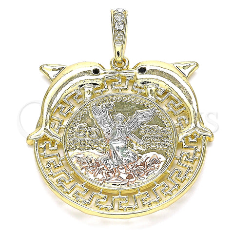 Dije Religioso 05.380.0023 Oro Laminado, Diseño de Moneda Centenario y Angel, con Negro Cristal, Pulido, Tres Tonos