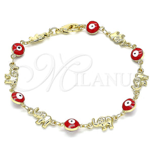 Pulsera Elegante 03.351.0107.07 Oro Laminado, Diseño de Ojo Griego y Elefante, Esmaltado Rojo, Tono Dorado (06 MM Thickness, 7 Inches Length)