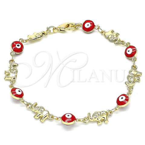 Pulsera Elegante 03.351.0107.07 Oro Laminado, Diseño de Ojo Griego y Elefante, Esmaltado Rojo, Tono Dorado (06 MM Thickness, 7 Inches Length)