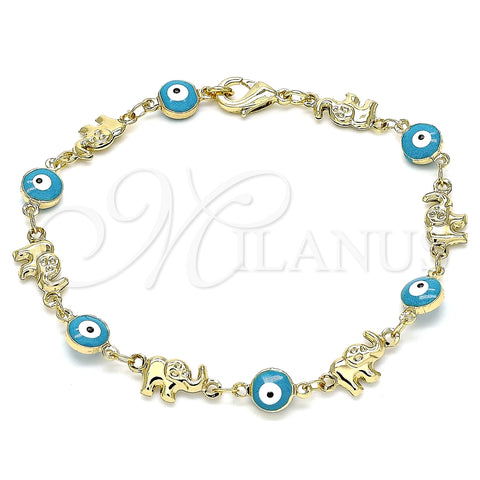 Pulsera Elegante 03.351.0107.1.07 Oro Laminado, Diseño de Ojo Griego y Elefante, Esmaltado Turquesa, Tono Dorado (06 MM Thickness, 7 Inches Length)