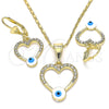 Juego de Arete y Dije de Adulto 10.351.0015.1 Oro Laminado, Diseño de Corazón y Ojo Griego, con Blanca Cristal, Esmaltado Blanco, Tono Dorado