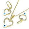 Juego de Arete y Dije de Adulto 10.351.0015.1 Oro Laminado, Diseño de Corazón y Ojo Griego, con Blanca Cristal, Esmaltado Blanco, Tono Dorado
