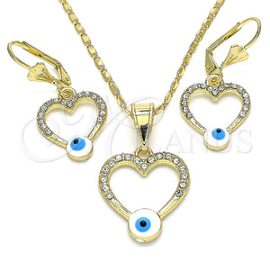 Juego de Arete y Dije de Adulto 10.351.0015.1 Oro Laminado, Diseño de Corazón y Ojo Griego, con Blanca Cristal, Esmaltado Blanco, Tono Dorado