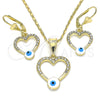 Juego de Arete y Dije de Adulto 10.351.0015.1 Oro Laminado, Diseño de Corazón y Ojo Griego, con Blanca Cristal, Esmaltado Blanco, Tono Dorado