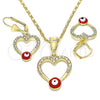 Juego de Arete y Dije de Adulto 10.351.0015.2 Oro Laminado, Diseño de Corazón y Ojo Griego, con Blanca Cristal, Esmaltado Rojo, Tono Dorado
