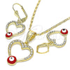 Juego de Arete y Dije de Adulto 10.351.0015.2 Oro Laminado, Diseño de Corazón y Ojo Griego, con Blanca Cristal, Esmaltado Rojo, Tono Dorado