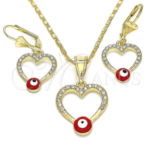 Juego de Arete y Dije de Adulto 10.351.0015.2 Oro Laminado, Diseño de Corazón y Ojo Griego, con Blanca Cristal, Esmaltado Rojo, Tono Dorado