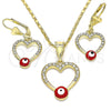 Juego de Arete y Dije de Adulto 10.351.0015.2 Oro Laminado, Diseño de Corazón y Ojo Griego, con Blanca Cristal, Esmaltado Rojo, Tono Dorado