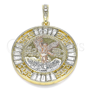 Dije Religioso 05.380.0026 Oro Laminado, Diseño de Moneda Centenario y Angel, con Blanca Cristal, Pulido, Tres Tonos