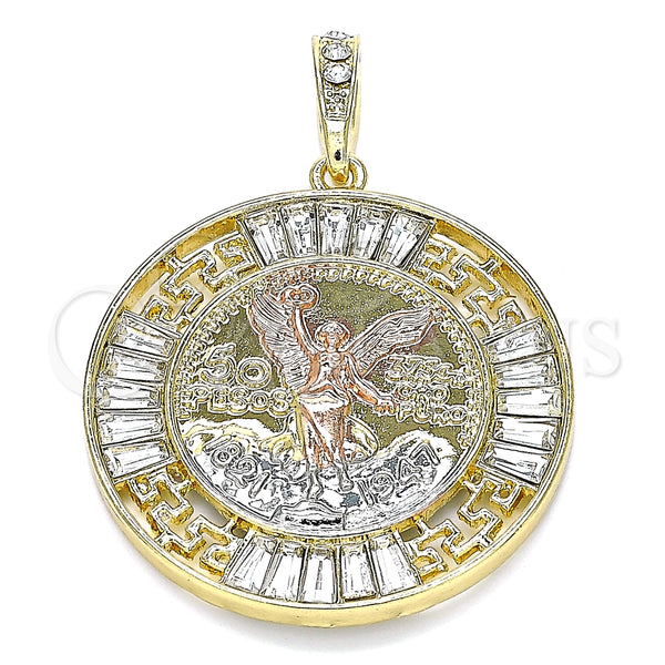 Dije Religioso 05.380.0026 Oro Laminado, Diseño de Moneda Centenario y Angel, con Blanca Cristal, Pulido, Tres Tonos