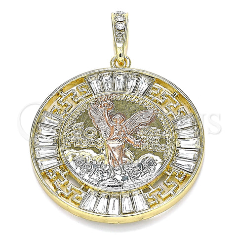 Dije Religioso 05.380.0026 Oro Laminado, Diseño de Moneda Centenario y Angel, con Blanca Cristal, Pulido, Tres Tonos