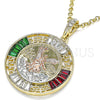 Dije Religioso 05.380.0026.1 Oro Laminado, Diseño de Moneda Centenario y Angel, con Cristal Granate y Verde, Pulido, Tres Tonos