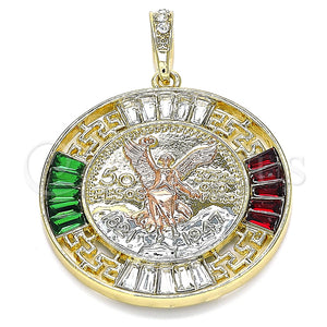 Dije Religioso 05.380.0026.1 Oro Laminado, Diseño de Moneda Centenario y Angel, con Granate and Verde Cristal, Pulido, Tres Tonos