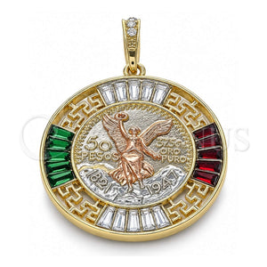 Dije Religioso 05.380.0026.1 Oro Laminado, Diseño de Moneda Centenario y Angel, con Cristal Granate y Verde, Pulido, Tres Tonos