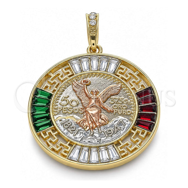 Dije Religioso 05.380.0026.1 Oro Laminado, Diseño de Moneda Centenario y Angel, con Cristal Granate y Verde, Pulido, Tres Tonos