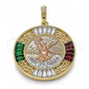Dije Religioso 05.380.0026.1 Oro Laminado, Diseño de Moneda Centenario y Angel, con Cristal Granate y Verde, Pulido, Tres Tonos